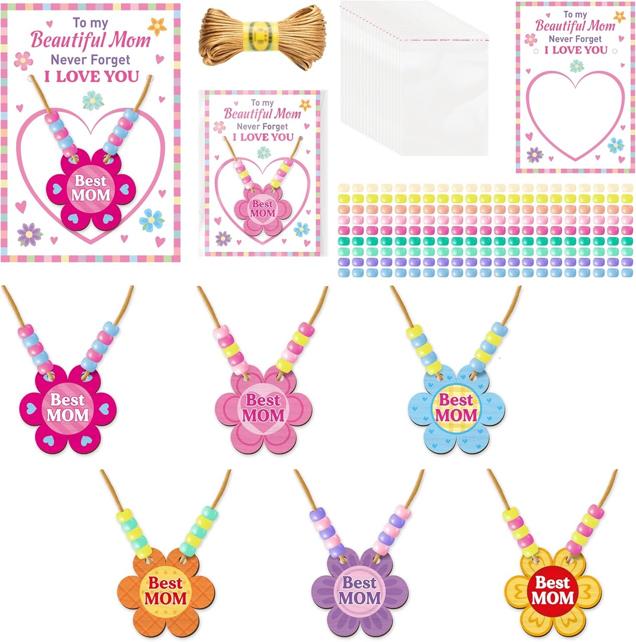 Mom Necklace Craft Kit – 24 DIY Wooden Flower Pendant Necklaces with Beads & Greeting Cards, Perfect Mother’s Day Craft for Kids, Classroom, Family, Party Favors